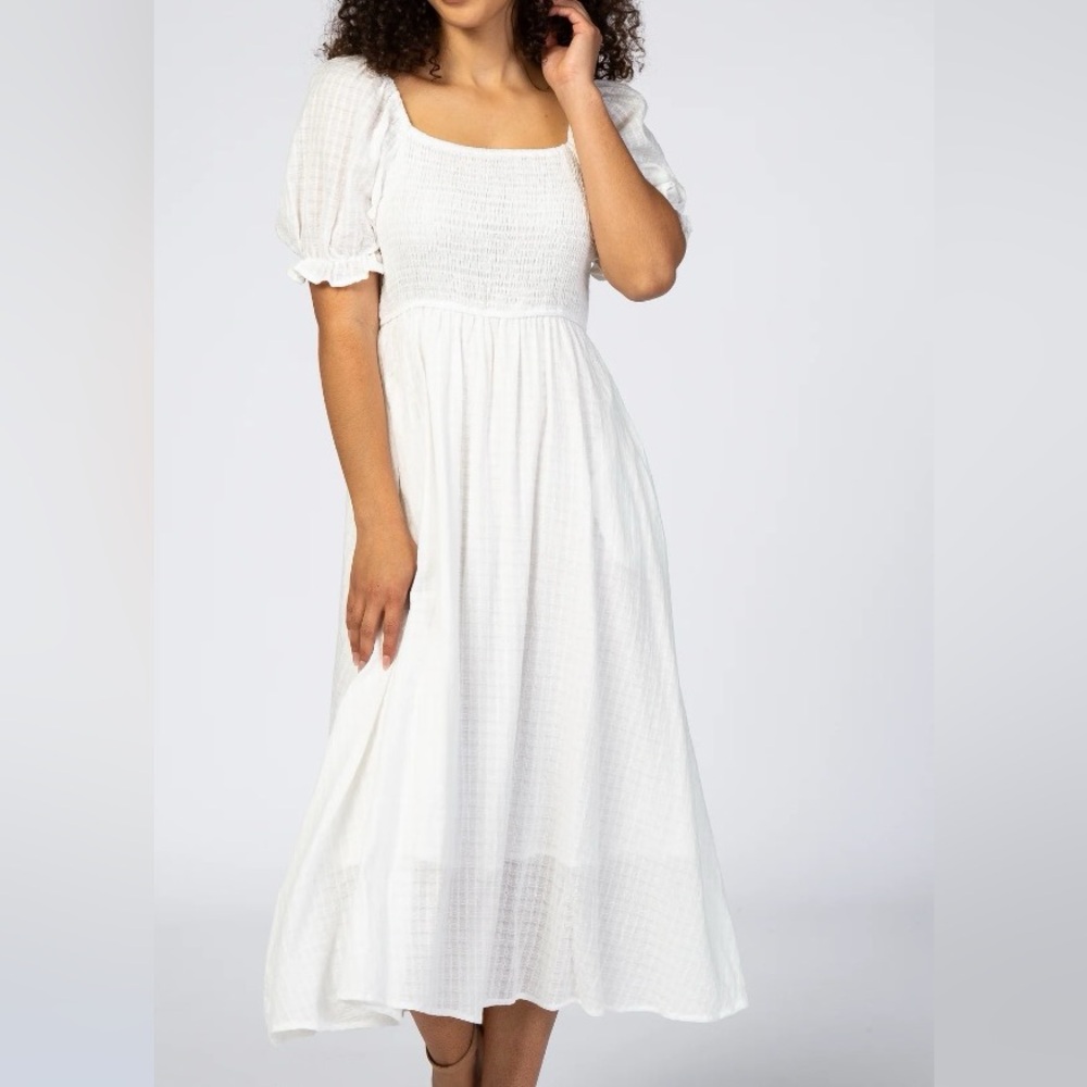 White Smocked Puff Sleeve Maternity Midi Dress (S)